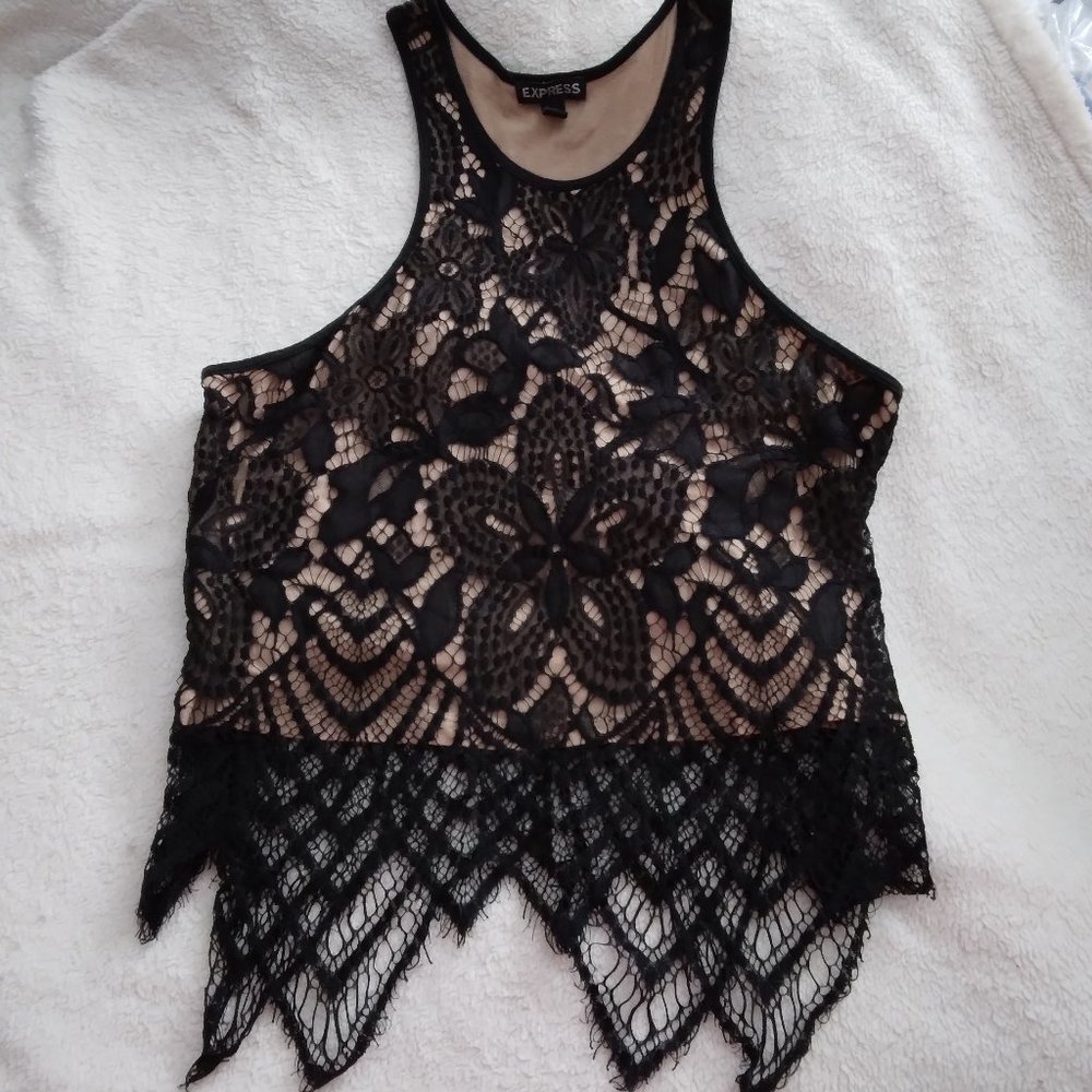 Black Embroidered Lace Tank Top with Nude Lining